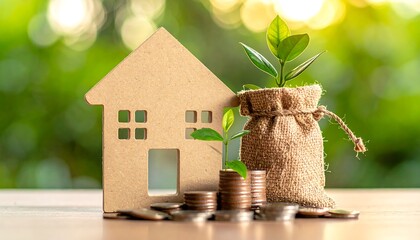 Wood house near coins and sprout in a sack on a table with a blurry green backdrop, representing financial growth