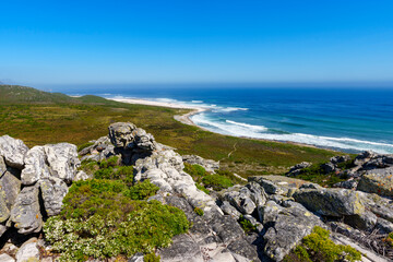Scenic view from Gifkommetjie View Point, Cape Point, Table Mountain National Park. Rugged rocks and green fynbos overlook the Atlantic Ocean under clear blue skies in Cape Town, South Africa.