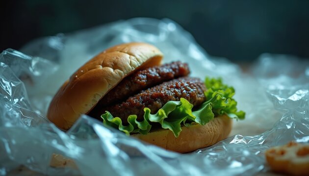 Burger sits in crumpled plastic packaging. Fast food meal discarded, showing significant food waste, eco problem. Plastic garbage pollutes environment. Represents unhealthy eating habits, excessive - Powered by Adobe