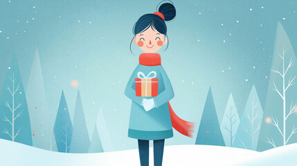 cheerful girl holding a gift in a whimsical snowy winter forest scene