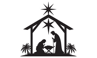 Nativity scene silhouette with stars and palm trees illustration
