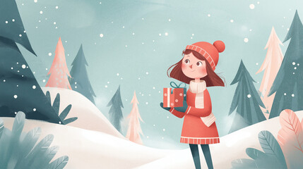 cheerful girl holding a gift in a whimsical snowy winter forest scene