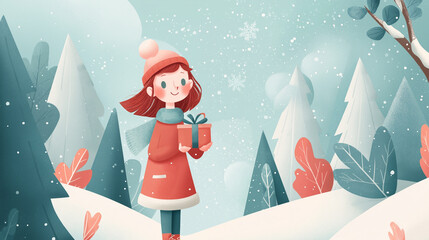 cheerful girl holding a gift in a whimsical snowy winter forest scene