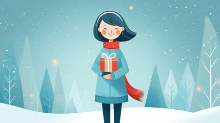 cheerful girl holding a gift in a whimsical snowy winter forest scene