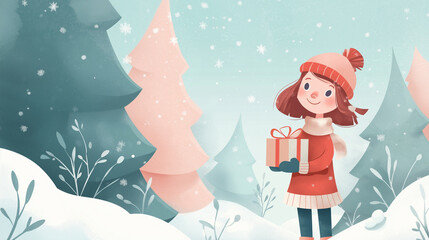 cheerful girl holding a gift in a whimsical snowy winter forest scene