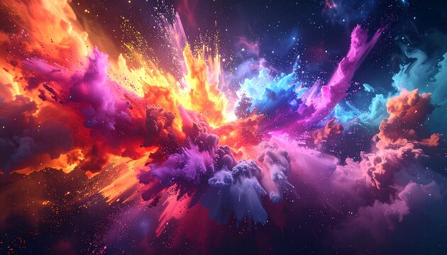 Vivid explosion of cosmic dust in brilliant hues, against a dark space background scattered with distant stars