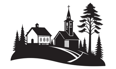 Cozy winter cabin in a snowy pine forest with stars and moon
