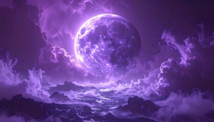 Digital art depicting a large, luminous moon amidst swirling, ethereal purple clouds above a jagged landscape