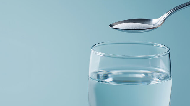 A spoonful of white sugar is held above a clear glass of water on a pale blue background.
