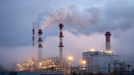 Obraz premium Large industrial power plant emitting smoke into a foggy twilight sky