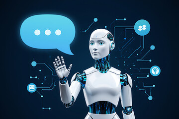 Futuristic robot interacting with digital communication interface, symbolizing AI assistance and connectivity