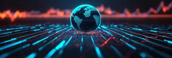 Futuristic global investment ecosystem showing holographic Earth surrounded by digital stock charts and currency symbols.