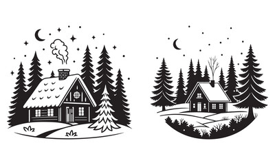 Two adorable penguins standing on snowy ground under starry sky
