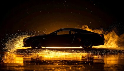 Sleek, dark sports car is shown in profile with bright light effects and reflections on a dark, glossy surface