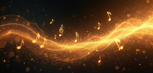 Obraz premium Golden musical notes float, dance in vibrant, swirling wave of light, energy. Glittering gold particles form dynamic, abstract sound illustration on dark background. Digital art represents rhythm,