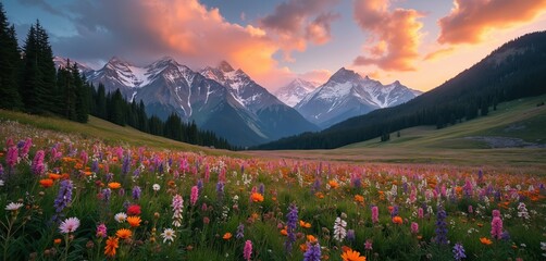 Vibrant mountain meadow explodes with colorful wildflowers at sunset. Snow capped peaks rise behind pine forests. Clouds glow orange and pink over the peaceful natural landscape.