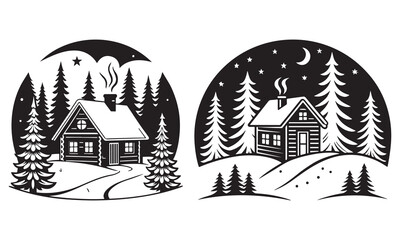 Rustic winter cabin in snow, pine trees, and stars at night vector
