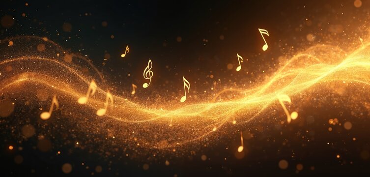 Golden musical notes float, dance in vibrant, swirling wave of light, energy. Glittering gold particles form dynamic, abstract sound illustration on dark background. Digital art represents rhythm,