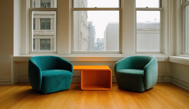 Vibrant photo of two blue armchairs and an orange table in front of large windows