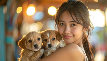 Smiling woman holds two cute puppies, bathed in golden sunlight with bokeh lights in background