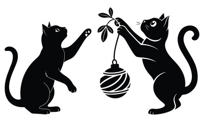 Stylized black cat silhouettes playing with a holiday ornament
