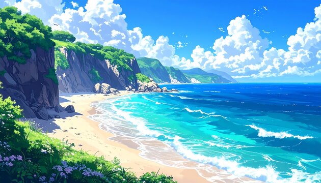 Scenic anime style ocean vista, vibrant blue waters crashing on sandy beach, cliffs topped with green foliage - Powered by Adobe