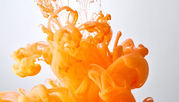 Swirling orange pigment clouds gracefully suspended in a clear medium against a seamless, softly diffused light backdrop