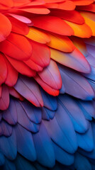 Obraz premium A macro view of vibrant multicolored feathers blending from red to blue tones. 