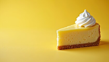 Delicious slice of lemon cheesecake with whipped cream. Classic New York dessert with graham cracker crust on yellow background. Sweet creamy pie from bakery cafe menu for birthday celebration. Tasty