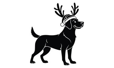 Dog wearing reindeer antler hat, festive christmas pet silhouette.
