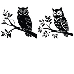 Two graphic owls perched on branches with leaves vector art design
