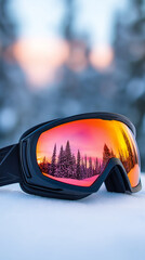 Ski goggles resting on fresh snow reflecting a vivid winter mountain landscape in the lens.

