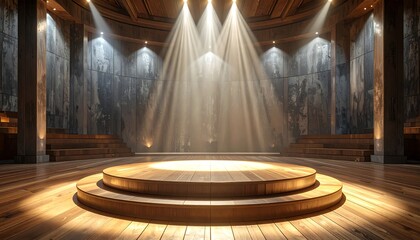 Spotlight shines on a wood stage in a circular room, highlighting its texture and minimalist design