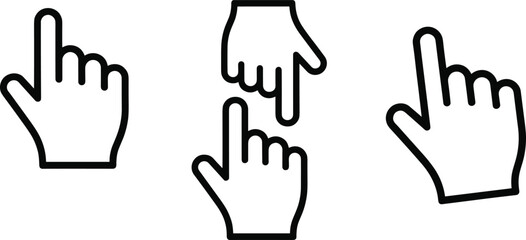 PrintPointing hand icons, click gesture symbols, black outline hands, stylized finger signs, user interface elements, vector graphic set, interaction design assets