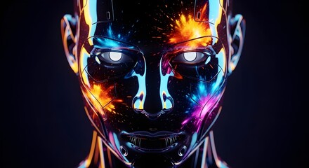 Close up portrait of a humanoid robot with exploding colorful neon splashes pink, blue, orange, yellow glossy metallic skin, dramatic lighting, photo realistic futuristic portrait.