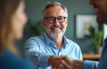 Happy mature man in glasses smiles broadly, shaking hands with business partner. Friendly pro interaction shows agreement, partnership, success. New deal closes, fostering collaboration, trust among