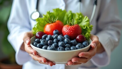 Doctor holds bowl with fresh fruits like blueberries strawberries and cherries. Includes tomato lettuce for healthy eating and heart wellness advice. Nutritionist supports good diet choices.