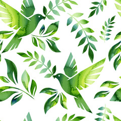 Seamless background with watercolor birds, watercolor green . Hand drawn. Not AI, vector illustration.