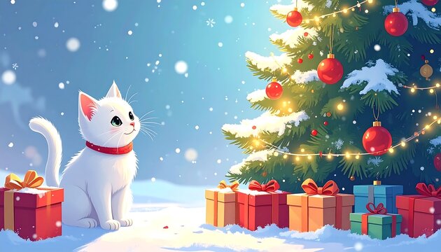 Whimsical winter scene White kitten by wrapped presents, illuminated Christmas tree with snow falling in the background