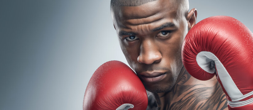Serious boxer in red gloves preparing to strike, showing power, tension, and focus. Dramatic banner-style composition with clean copy space.