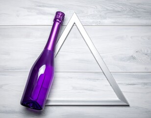 A vibrant purple bottle of beverage leans on a gray triangular frame