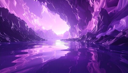 Purple-toned landscape features jagged rock formations mirrored in smooth water, creating a surreal, ethereal atmosphere