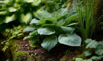 Earthy woodland hosta garden blending greens and browns, mossy textures and organic soil tones