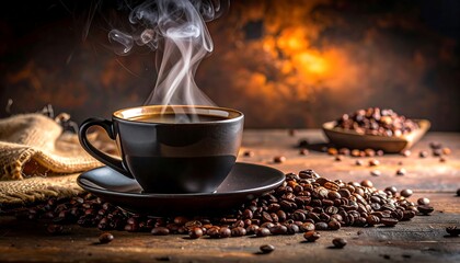 Steaming black coffee in a dark cup on a wood table surrounded by roasted coffee beans with a burlap sack