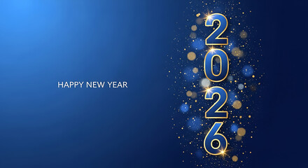 Happy new year 2026 greeting card with blue background and gold glitter