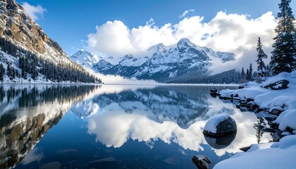 Serene lake mirroring snow-capped mountains under a blue sky dotted with clouds, reflecting in the water