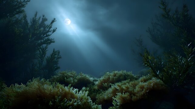Ethereal underwater landscape illuminated by moonbeams filtering through dark blue water onto abundant seaweed
