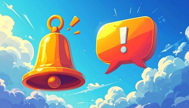 Shiny gold bell and orange alert bubble float amidst fluffy clouds in a bright, blue sky