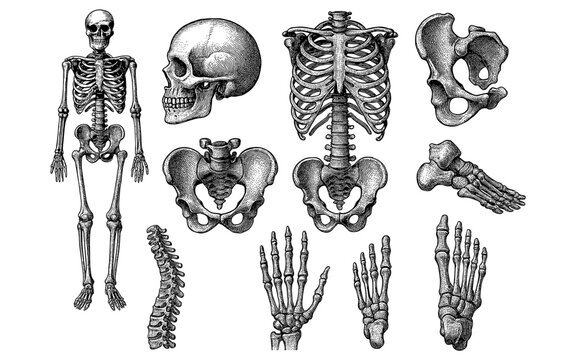 Detailed anatomy of human skeleton with skull, ribs, spine, and limbs