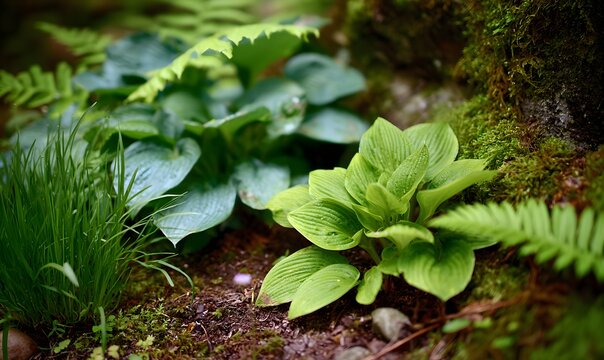 Earthy woodland hosta garden blending greens and browns, mossy textures and organic soil tones - Powered by Adobe